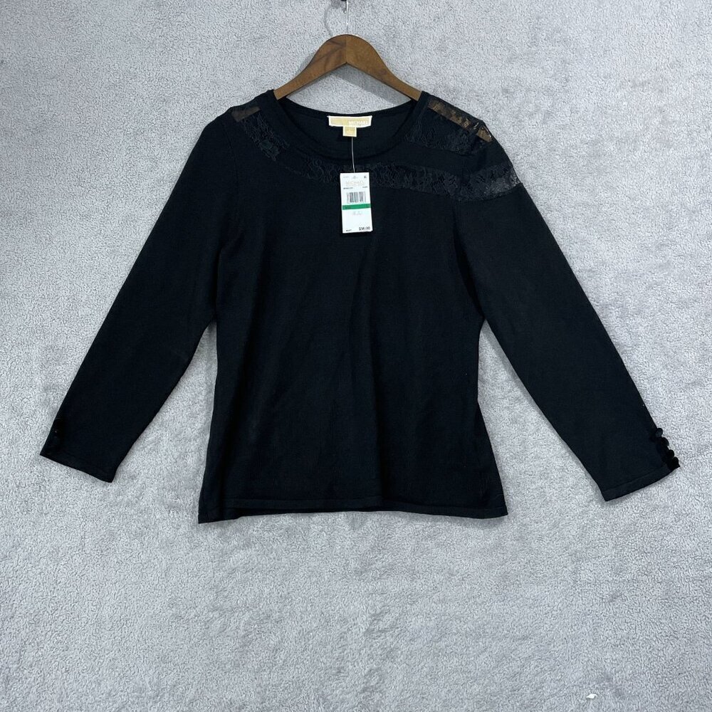 NEW Michael Kors Womens L Crewneck Lace Long sleeve Knit Top Black